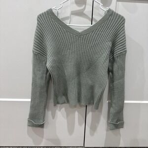 Sincerely Jules Sage Green Ribbed V-Neck Sweater Womens Small Drop Shoulder Knit